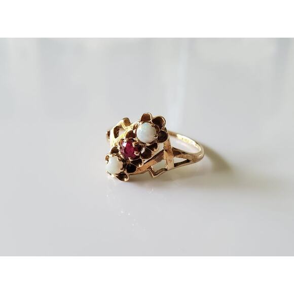 Antique 10K Ruby and Opal Bypass Ring - Picture 3 of 9